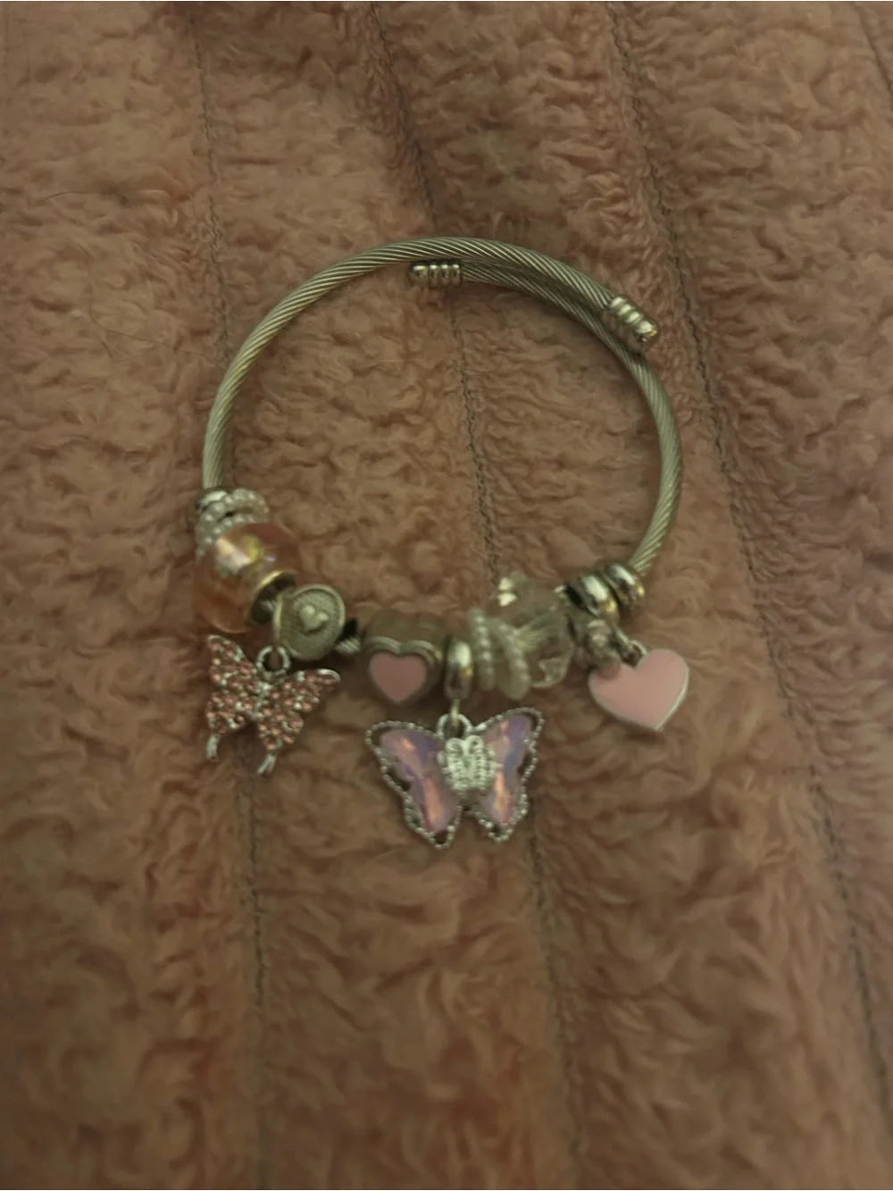 Silver Charm Bangle Bracelet with Pink Butterfly and Heart Charms